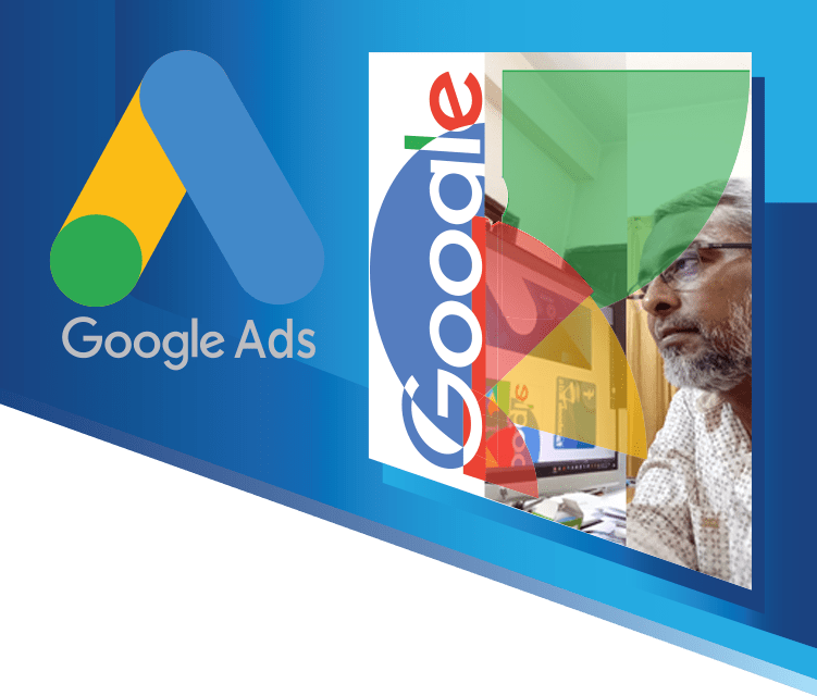 Mobile-Laptop screen showing a Google Ads campaign dashboard with analytics and growth charts.