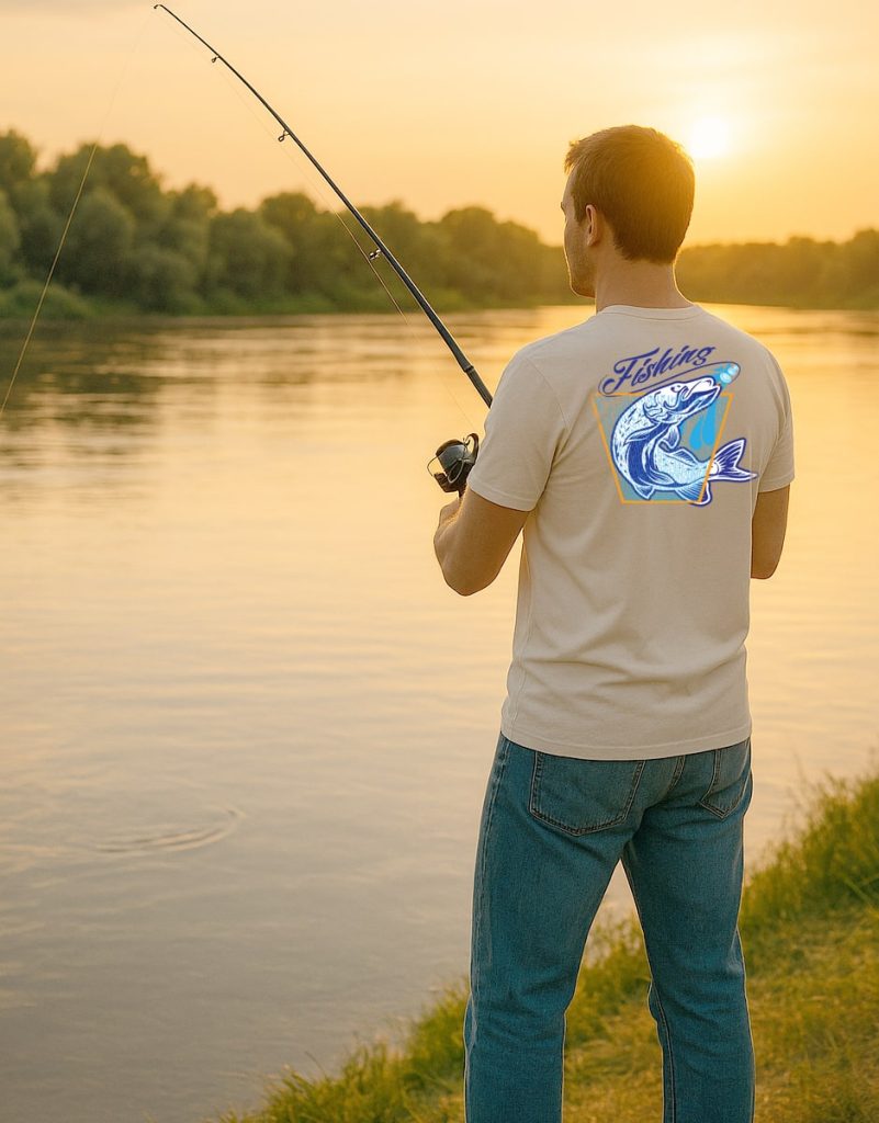 Man fishing by the river in summer while wearing a stylish graphic T-shirt