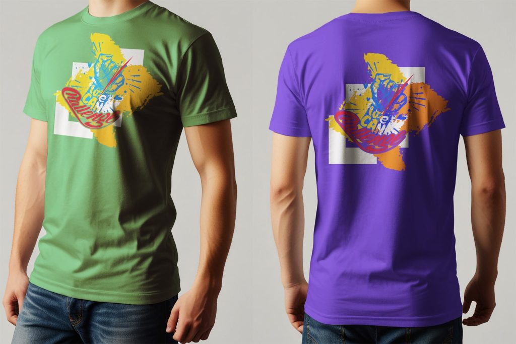 A bold motivational custom T-shirt design with the message “We Can Challenge” symbolizing courage, creativity, and self-belief.