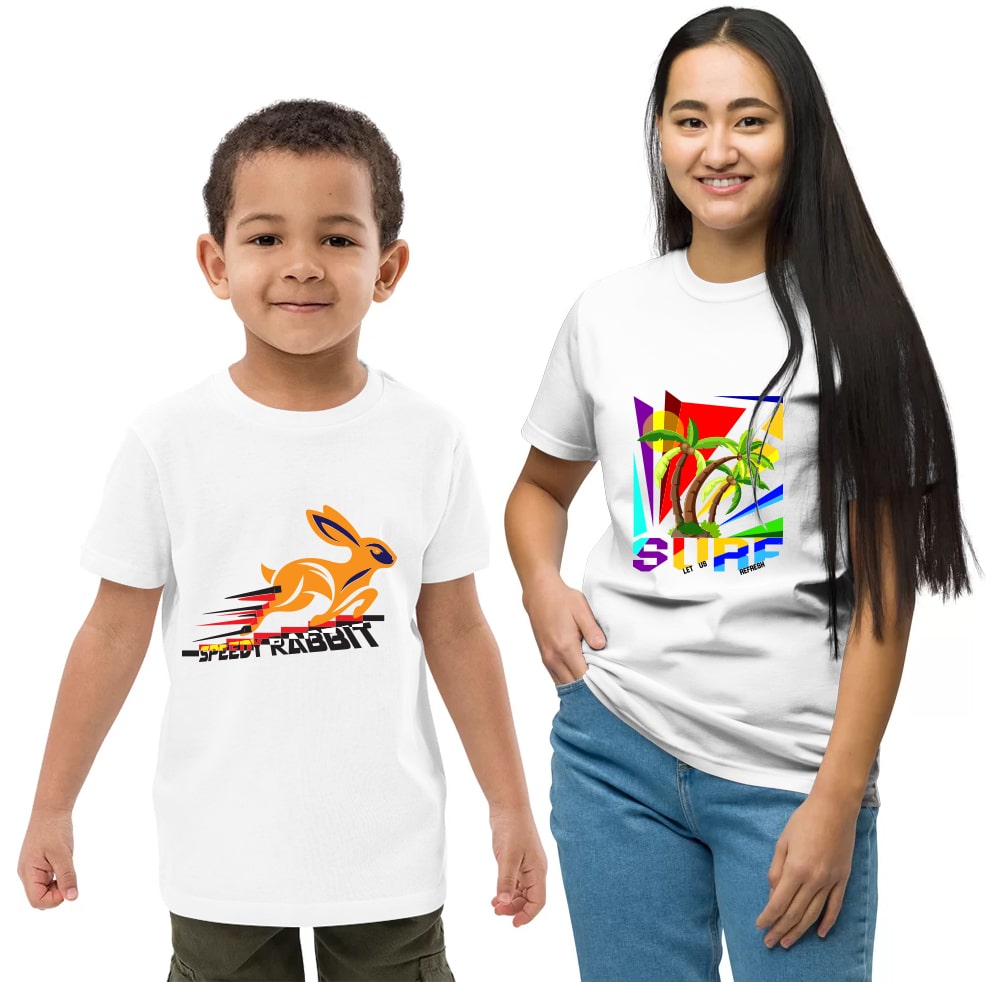 Colorful kids’ T-shirts displayed in a showroom, showcasing creative graphic designs made by a professional designer.